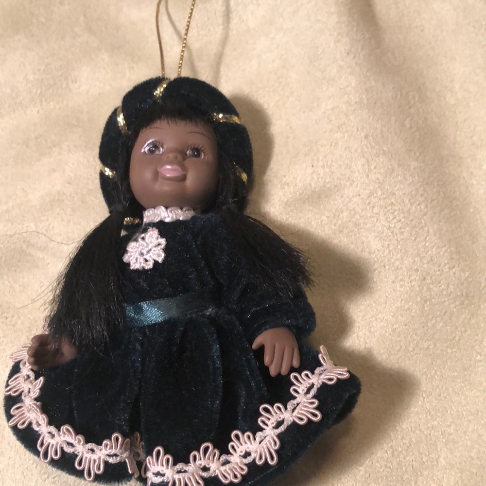 China doll ornament/Black girl/velvety green Victorian style dress/ lace trim